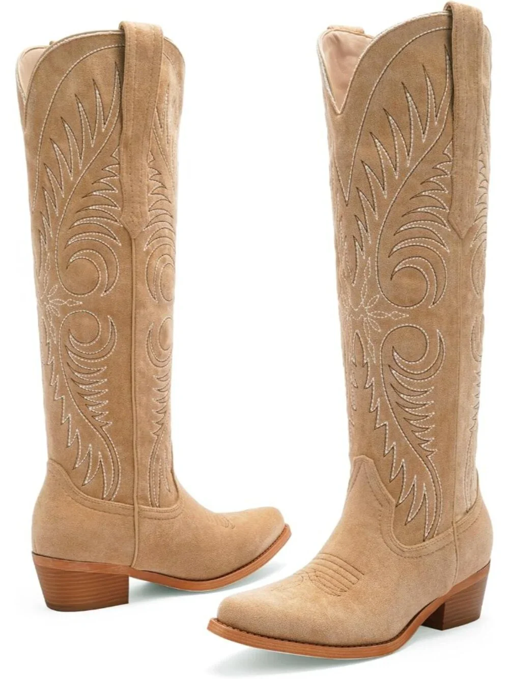 Women's Tan Camel Embroidered Western Pointed Toe Side Zipper Knee High Boots